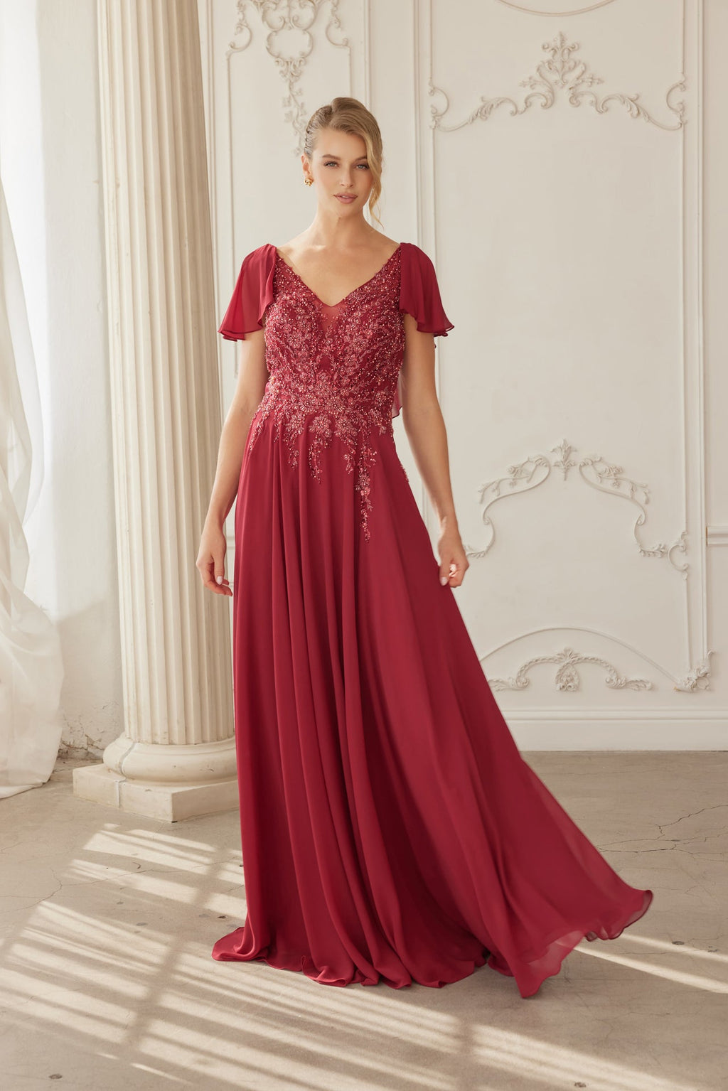 Elegant A-Line Mother Of Bride Gown w/ Butterfly Sleeves & Floral Motif NXMJ132