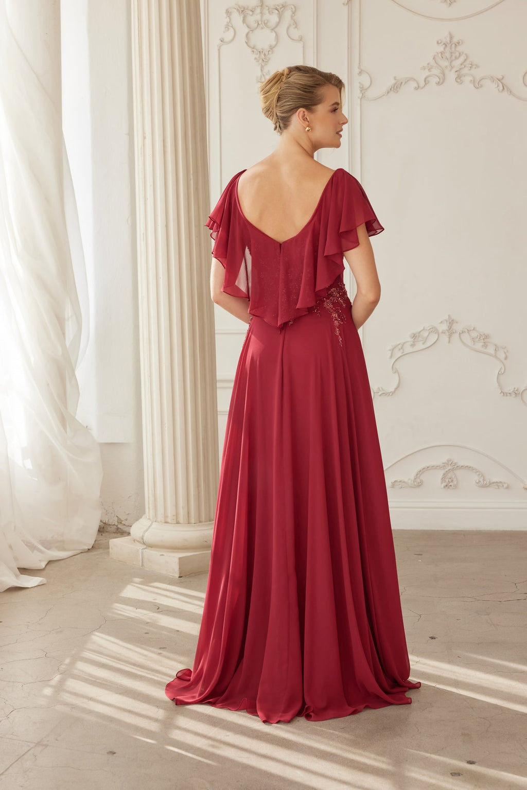 Elegant A-Line Mother Of Bride Gown w/ Butterfly Sleeves & Floral Motif NXMJ132