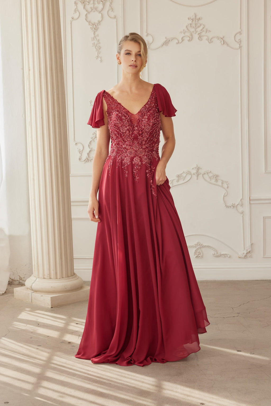 Elegant A-Line Mother Of Bride Gown w/ Butterfly Sleeves & Floral Motif NXMJ132