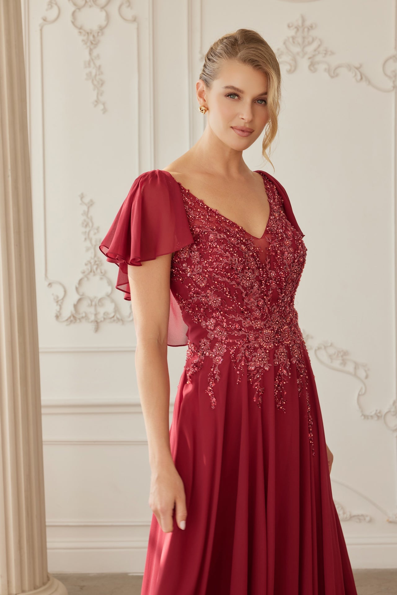 Elegant A-Line Mother Of Bride Gown w/ Butterfly Sleeves & Floral Motif NXMJ132