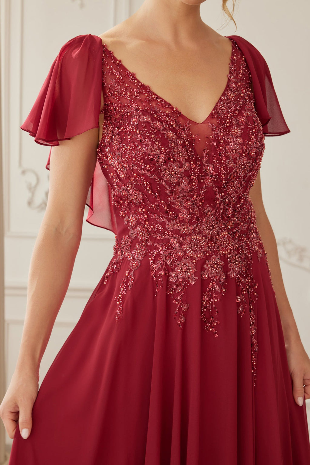 Elegant A-Line Mother Of Bride Gown w/ Butterfly Sleeves & Floral Motif NXMJ132