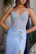 Deep V Neckline Fitted Bodice Thigh Split Spaghetti Straps Gown NXA1740