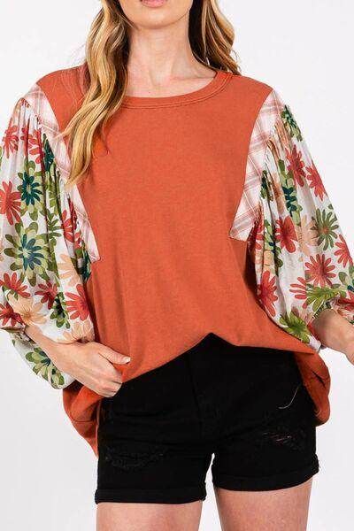 Printed Round Neck Balloon Sleeve Blouse for Women