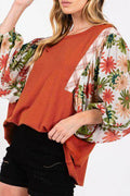 Printed Round Neck Balloon Sleeve Blouse for Women