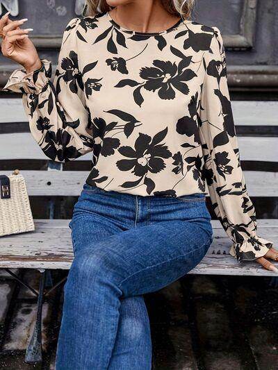 Bow Back Printed Round Neck Flounce Sleeve Blouse for Women
