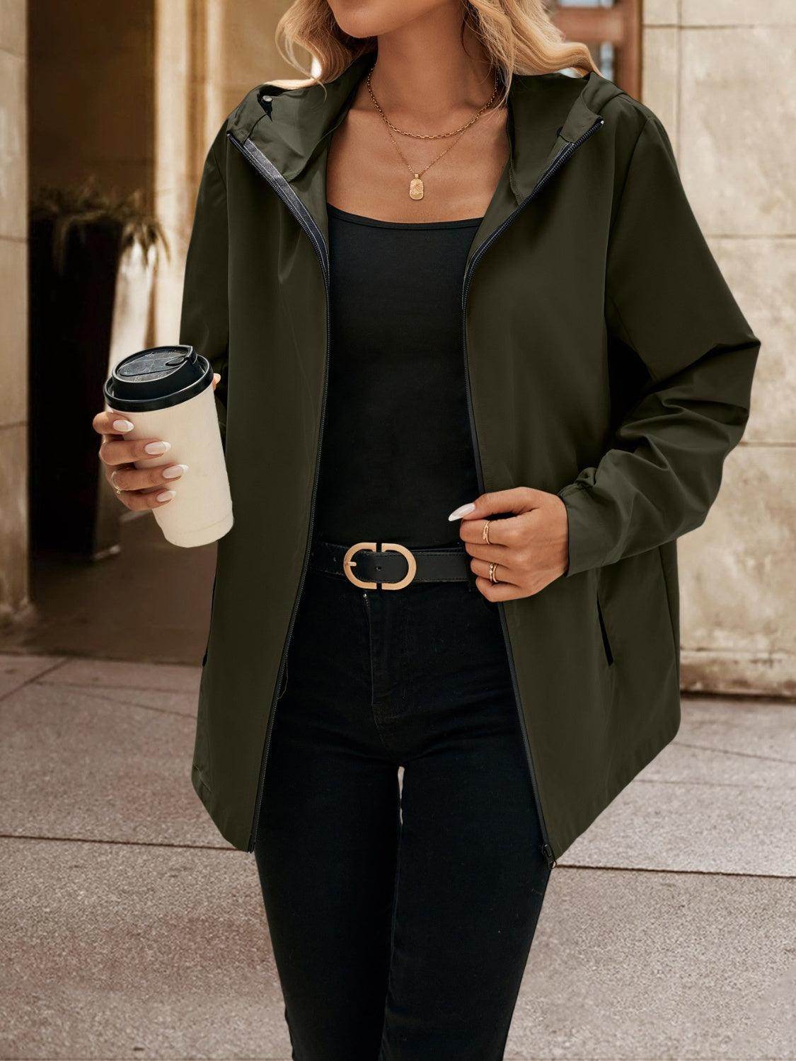 Ivy Lane Pocketed Zip Up Hooded Jacket for Women