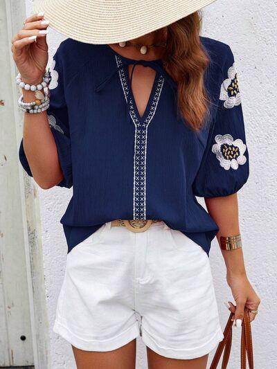 Embroidered Tie Neck Puff Sleeve Blouse for Women Stylish
