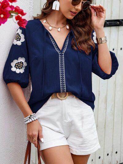 Embroidered Tie Neck Puff Sleeve Blouse for Women Stylish
