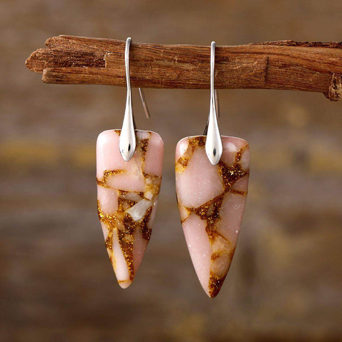 Natural Stone Geometric Shape Earrings in Platinum and Gold