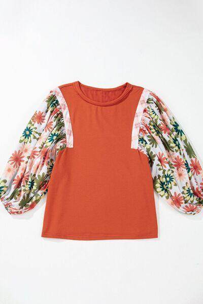 Printed Round Neck Balloon Sleeve Blouse for Women
