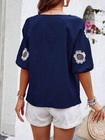 Embroidered Tie Neck Puff Sleeve Blouse for Women Stylish