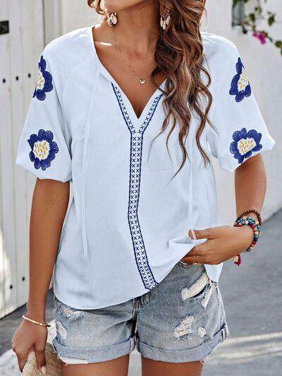Embroidered Tie Neck Puff Sleeve Blouse for Women Stylish