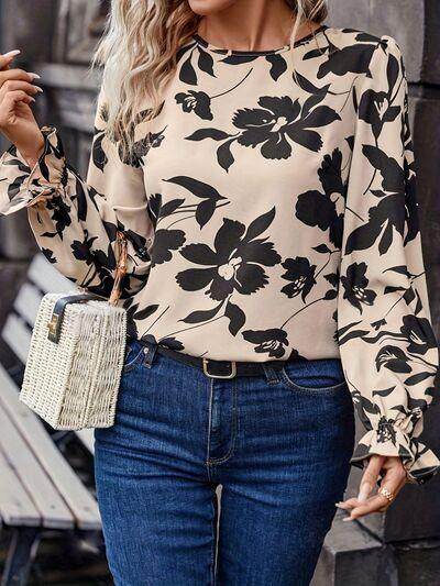 Bow Back Printed Round Neck Flounce Sleeve Blouse for Women
