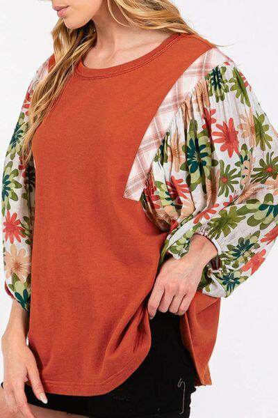 Printed Round Neck Balloon Sleeve Blouse for Women