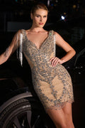 Silver Beaded Fringe Mini Dress with Illusion Sides